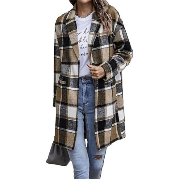 Women's 2024 Plaid Shacket Jacket Casual Button Wool Blend Winter Trench Coat - Picture 7 of 7